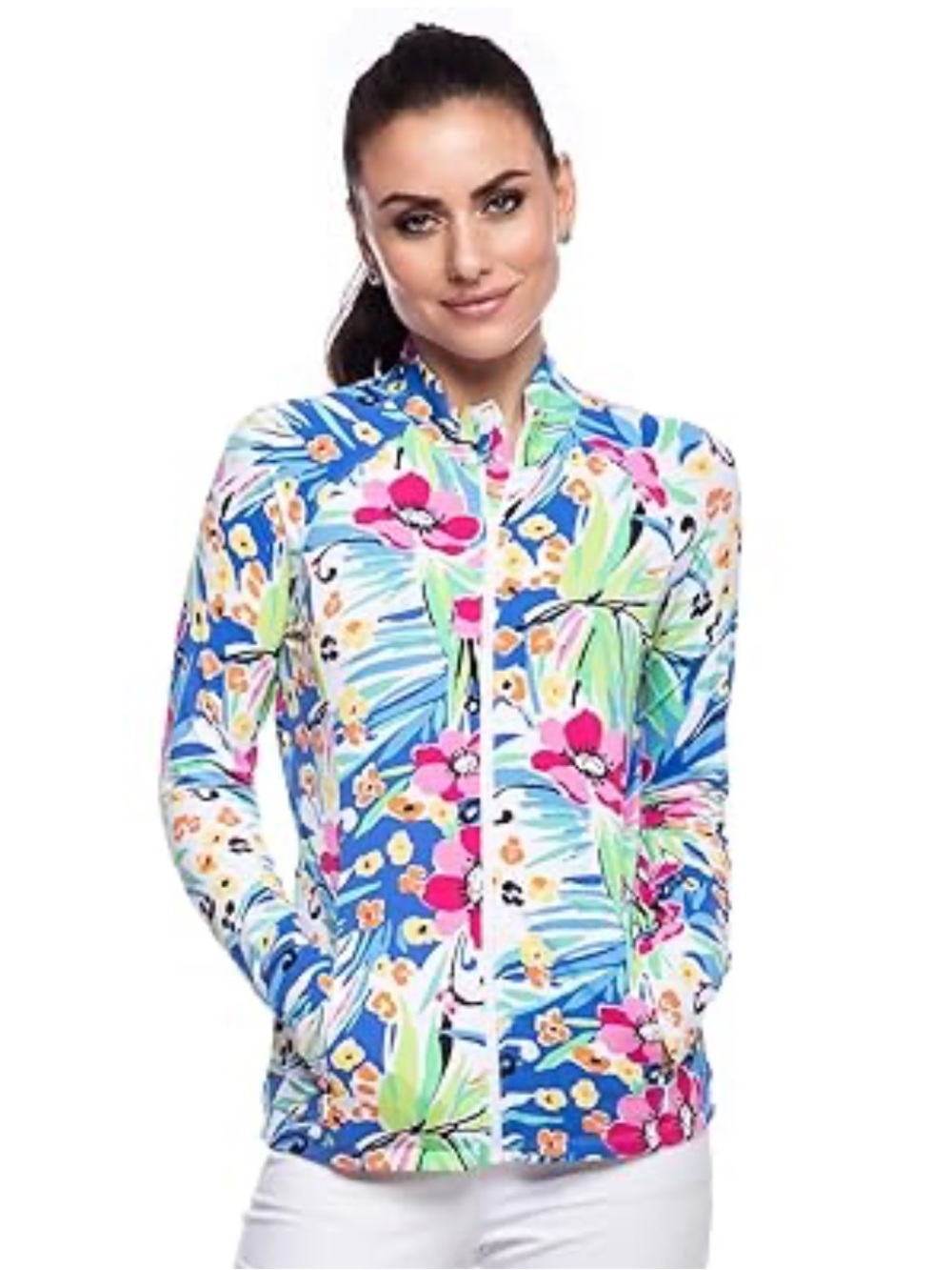 IBKUL Full Zip Mock Neck Blue Pink Floral Golf Equestrian Stretch Sun Shirt